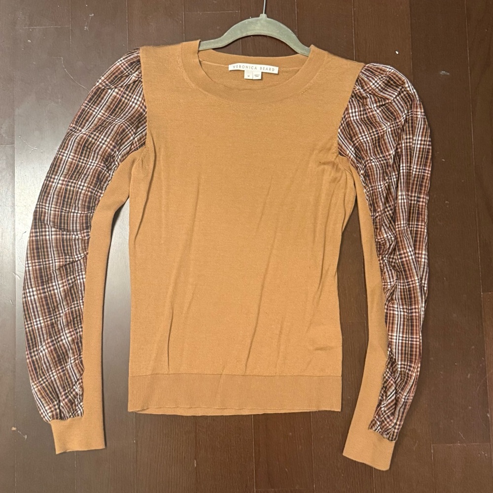 Veronica Beard Tan Plaid Sleeve Women's Top